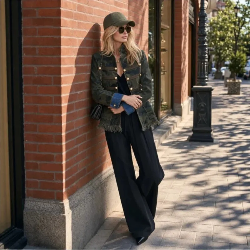 MsChuh Casual Women's Jacket Vintage Camouflage Denim Collar Gold Button-Edge Jacket Outerwears Stand Collar Contrast All-match