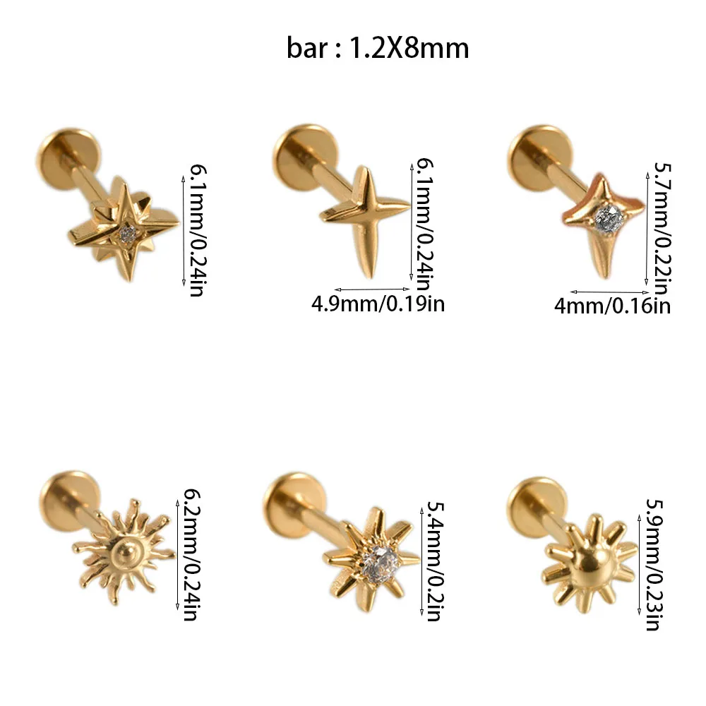 1/2/6PCS Solid Titanium Zircon Flat Back Earring Cartilage Star Sun Earrings Stud 16G Lobe Helix Tragus Golden Piercing Jewelry view 6