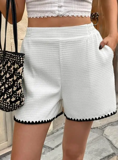 Summer Casual Commuting Style Texture Contrast Border Shorts Women's Elegant High Waisted Waffle Checkered Contrasting Shorts