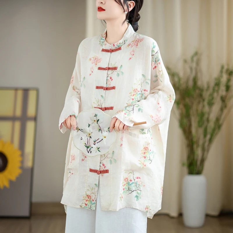 Chinese Style Printed Top Women Loose Large Size Sun-protective Clothing Vintage Mid-length Shirt Coat Traditional Costume