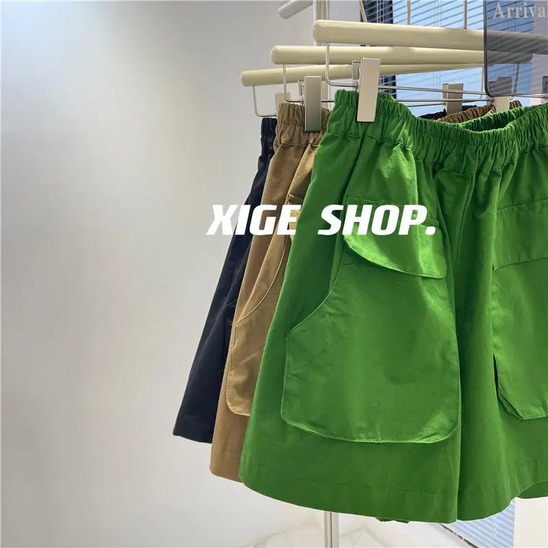 Summer New Pocket Patchwork High Waist A-line Wide Leg Pants Solid Color Loose Plus Size Shorts Fashion Trend Women Clothing