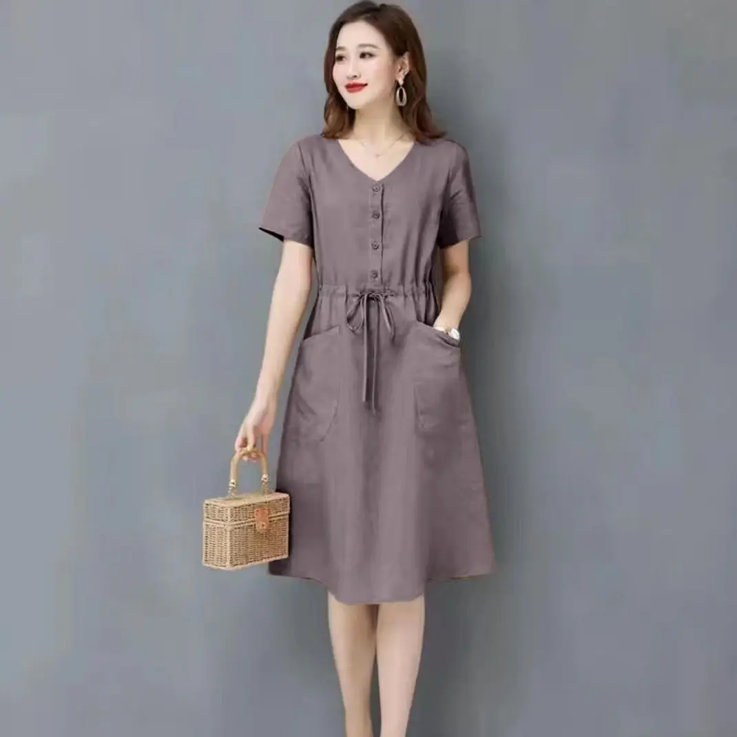 

2025 Summer Casual Cotton Linen A-Line Dress Elegant V-Neck Short Sleeve Slim Party Dresses Vestidos Woman Clothes