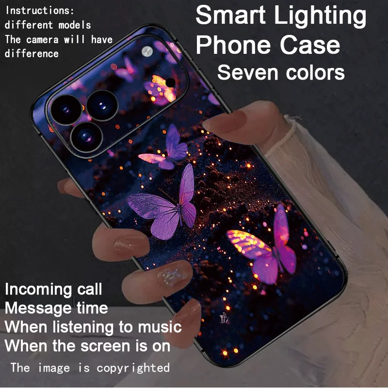 Luxury 7 Color Smart Light Up Phone Case For iPhone 17 Pro Max 16 15 14 Plus 13 12 11 Glow Luminous Butterfly Phone Cover Bling