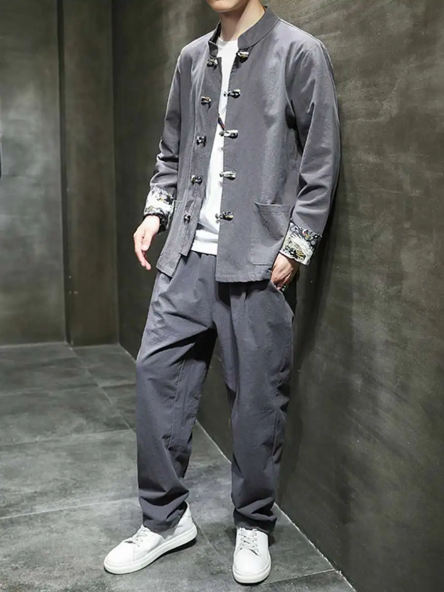 

New Arrival Cotton Linen Set Youth Spring Fashionable Two-Piece Men's Jacket with Stand Collar And Button Design Traditional ...