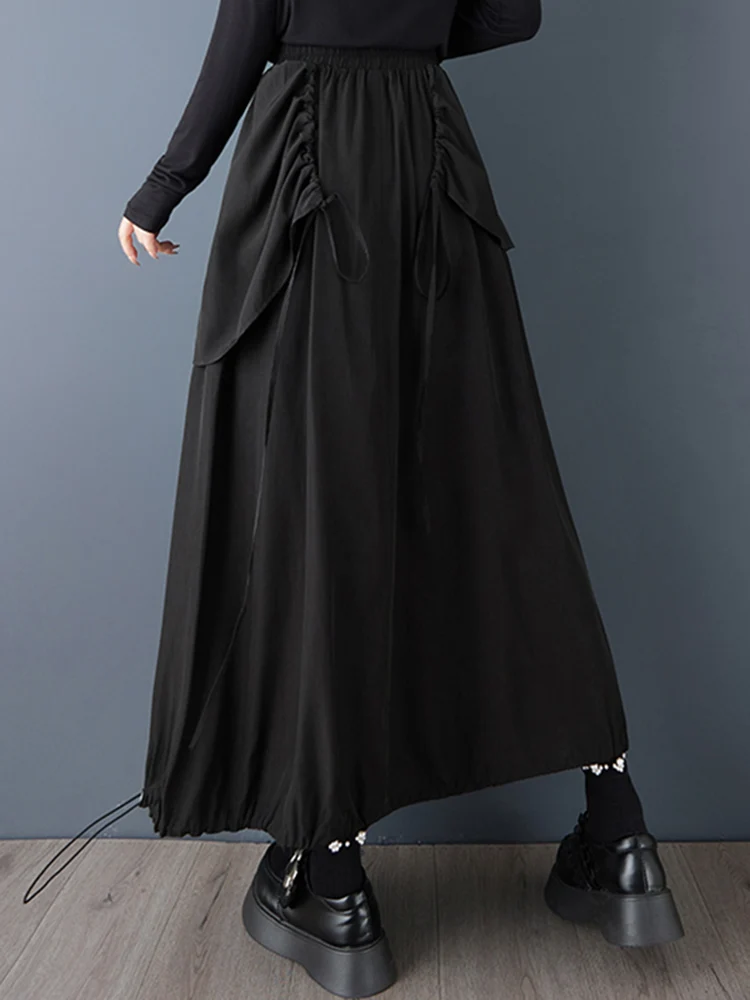 Black Vintage High Waist Skirt Women New Plus Size Fashion Drawstring Loose Casual Midi Skirts Clothing Spring Autumn 2026