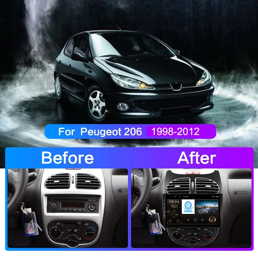 Android 13 For Peugeot 206 1998 - 2012 Car Auto Screen Video Carplay Stereo Radio Multimedia Navigation BT Monitor QLED Dash Cam