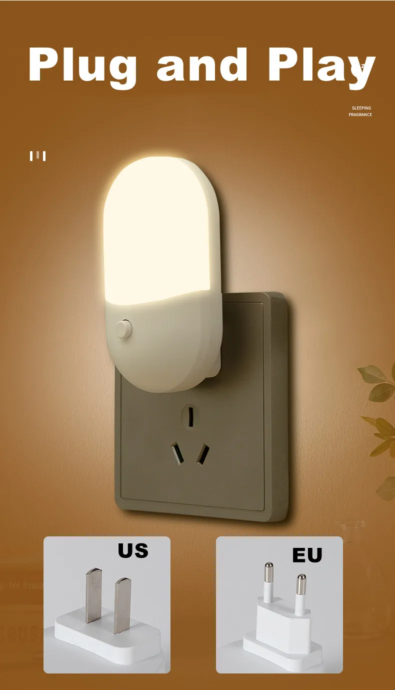 Energy Saving 3W Night Light Plug-in LED Socket Lamp Indoor Lighting Bedroom Night Bedside Lamp US/EU Two-color