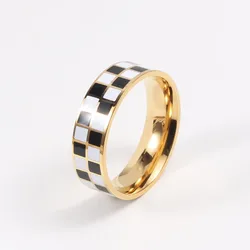 6mm Stainless Steel White/Black Checkered Pattern Ring Wedding Band for Women Men Size 5-10