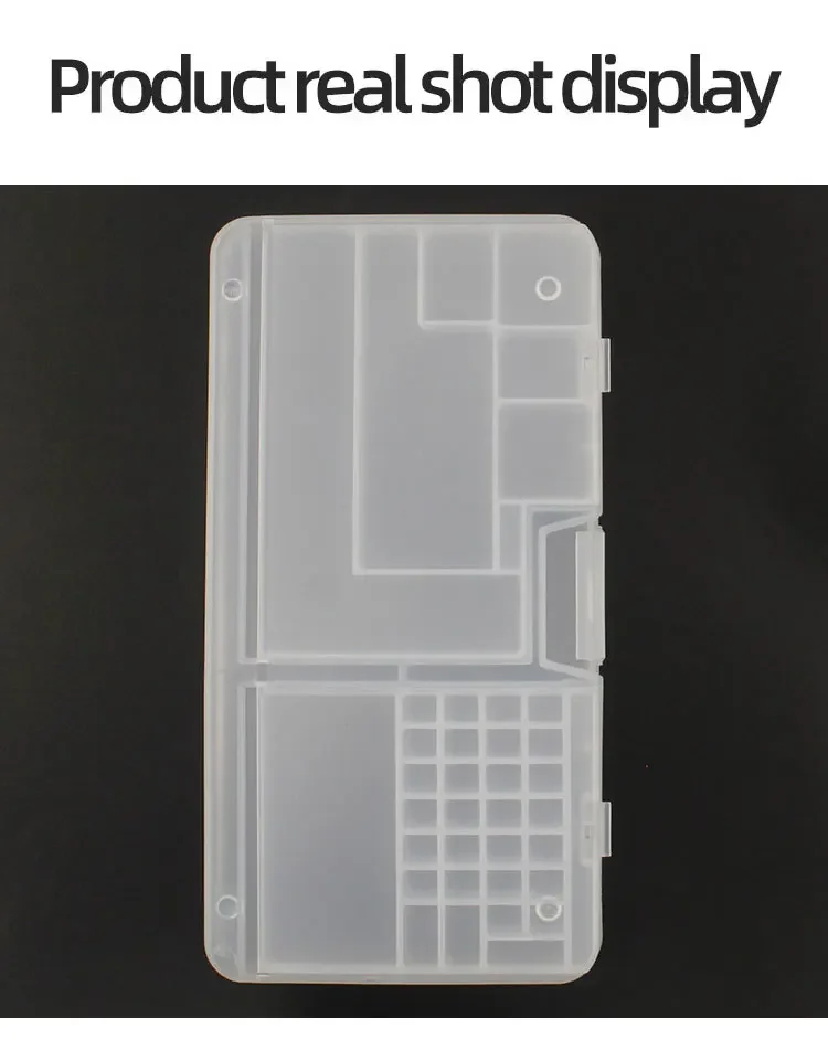 Scatola, componenti elettronici, conservazione in plastica trasparente, piccoli accessori per viti, griglia di classificazione degli attrezzi