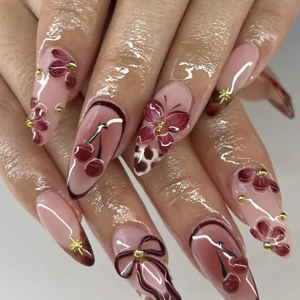 24 pçs manicure longo amêndoa unhas falsas francês aurora flor unhas falsas destacável borda branca imprensa em unhas diy