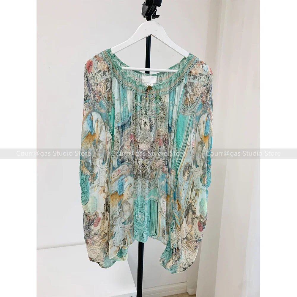 2024 Summer New Resort Style Silk Diamonds Mint Green Blouse Bat Sleeve Loose Top