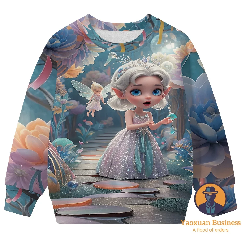 

2025 Hot Sale White Alice In Wonderland Little Girls Boys 3D Cartoon Print Crew Neck Sweatshirt Cute Warm Windproof Autumn