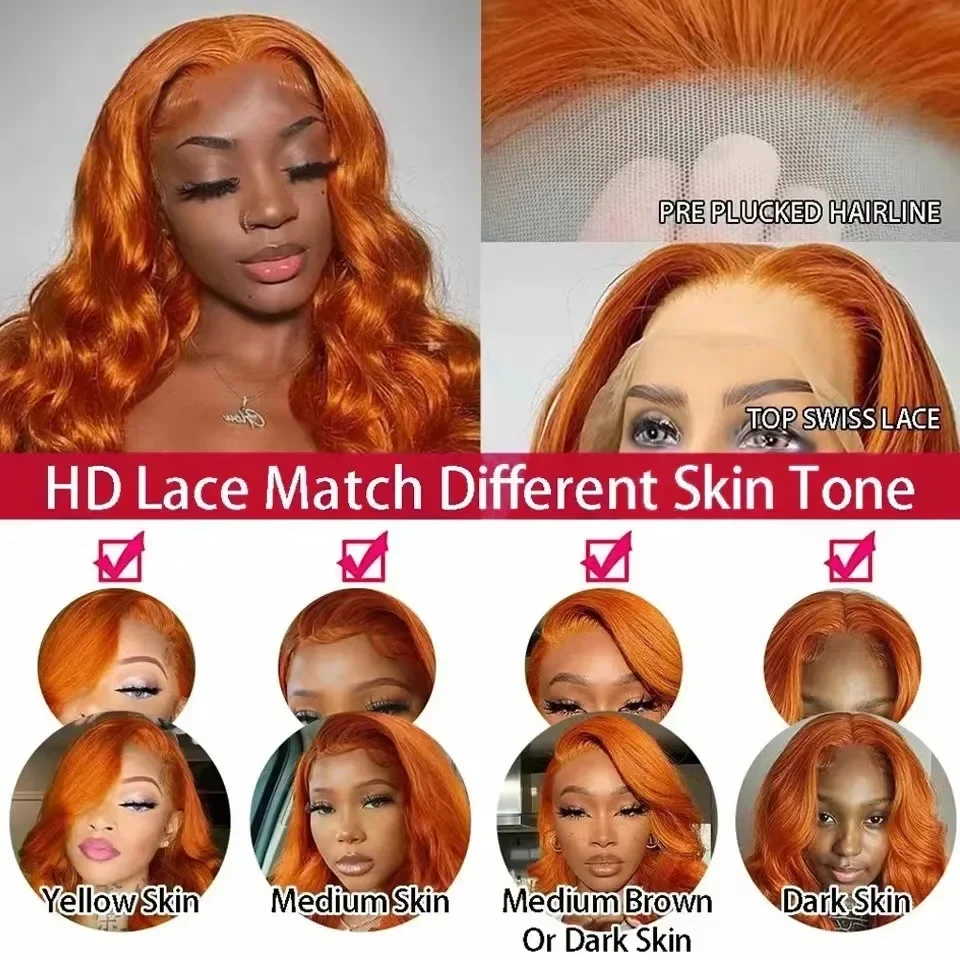 New Straight Glueless Wig Orange Ginger Lace Front Wig Closure Pre Plucked Brazilian Ready To Wear And Go Colored Human Hair Wig