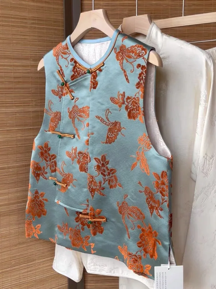 Damska kamizelka w stylu chińskim, nowy trend, mała francuska elegancja, modny top, zapinany na jeden guzik, wzór roślinny.