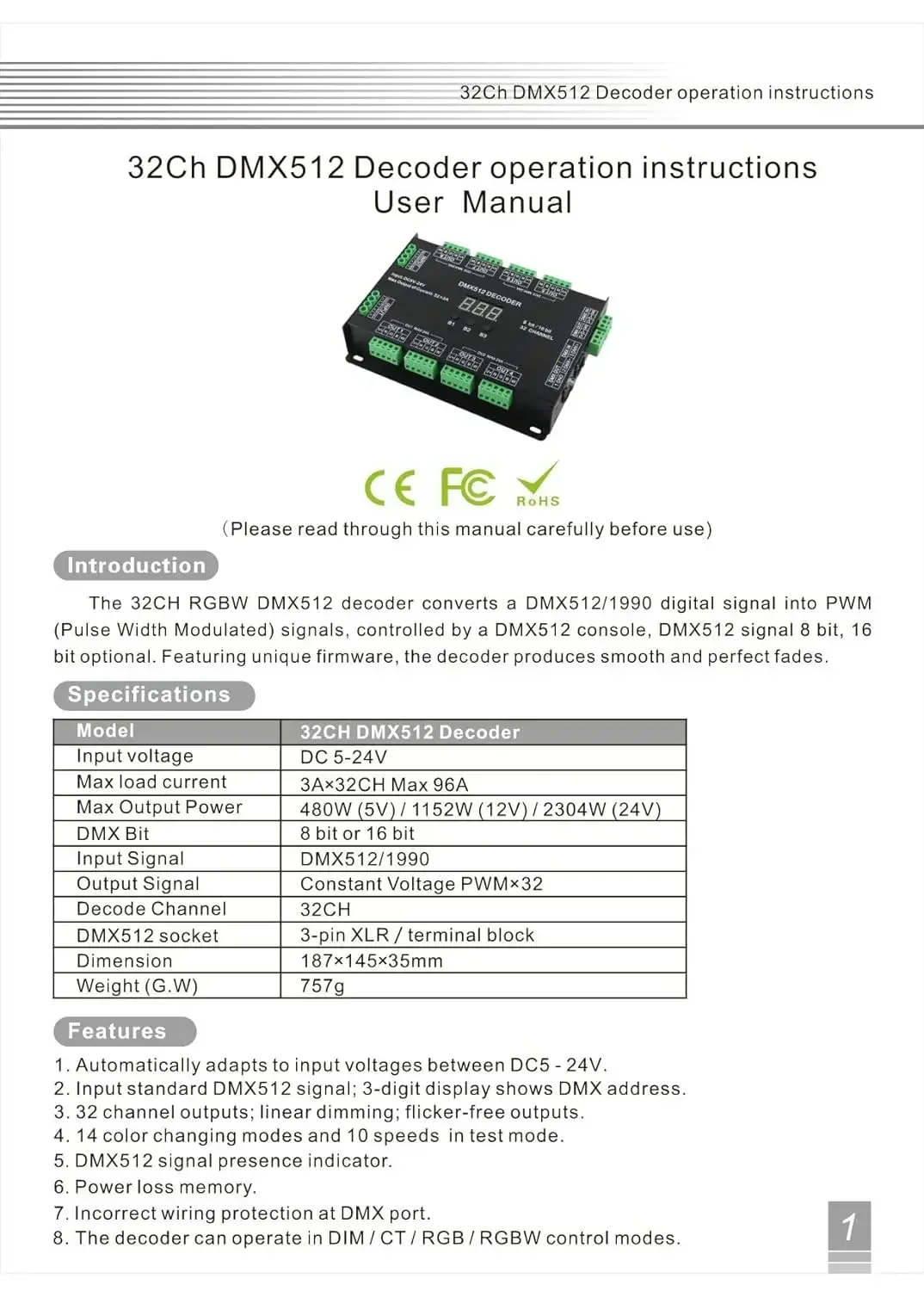 32 Channel 96A RGBW DMX 512 LED Decoder Controller DMX Dimmer DC5-24V RGBW RGB LED Light 8 Bit/16 Bit