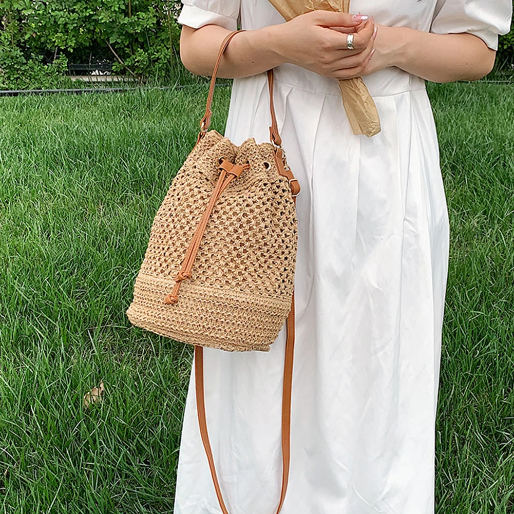 

Summer Women Handbags Drawstring Straw Beach Crossbody Bags Adjustable Strap Casual Simple Portable Elegant for Weekend Vacation