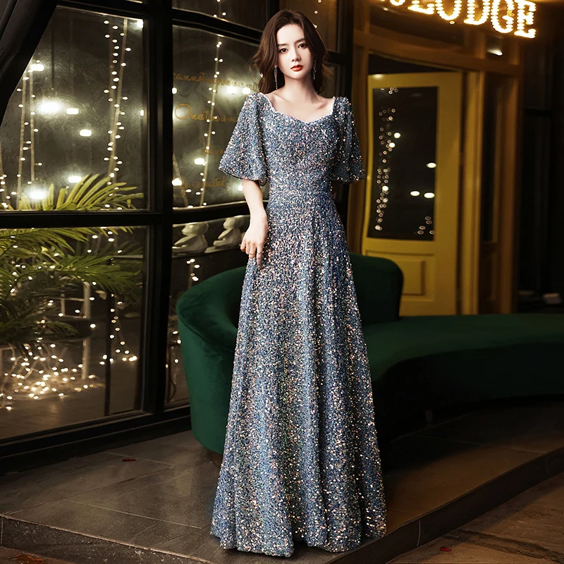 Blue Sequin Prom Dresses 2023 Elegant Square Neck Floor-Length Women Formal Evening Gowns Long Wedding Party Dresses