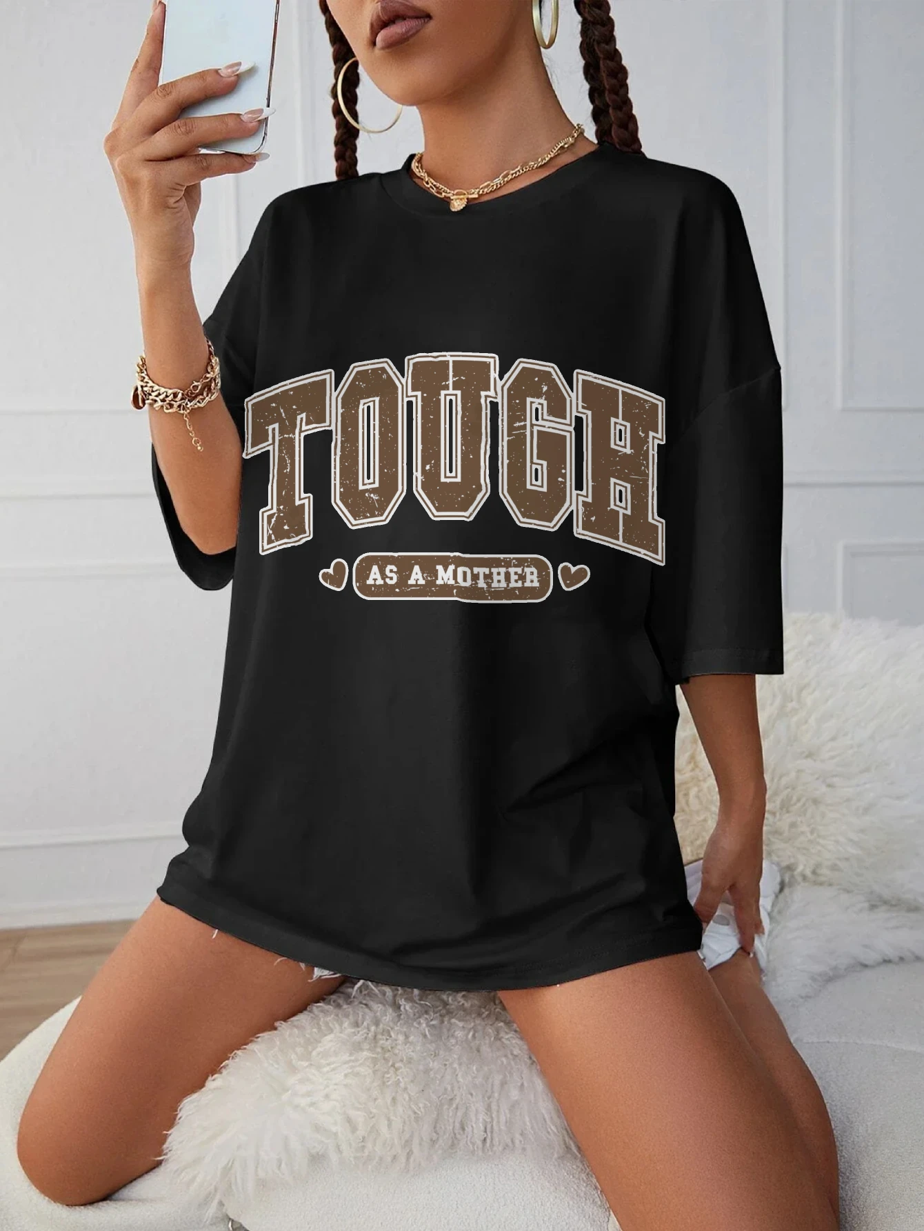 

Футболка свободного покроя для беременных Tough as a mother, черная удобная женская одежда с круглым вырезом для поздней беременности