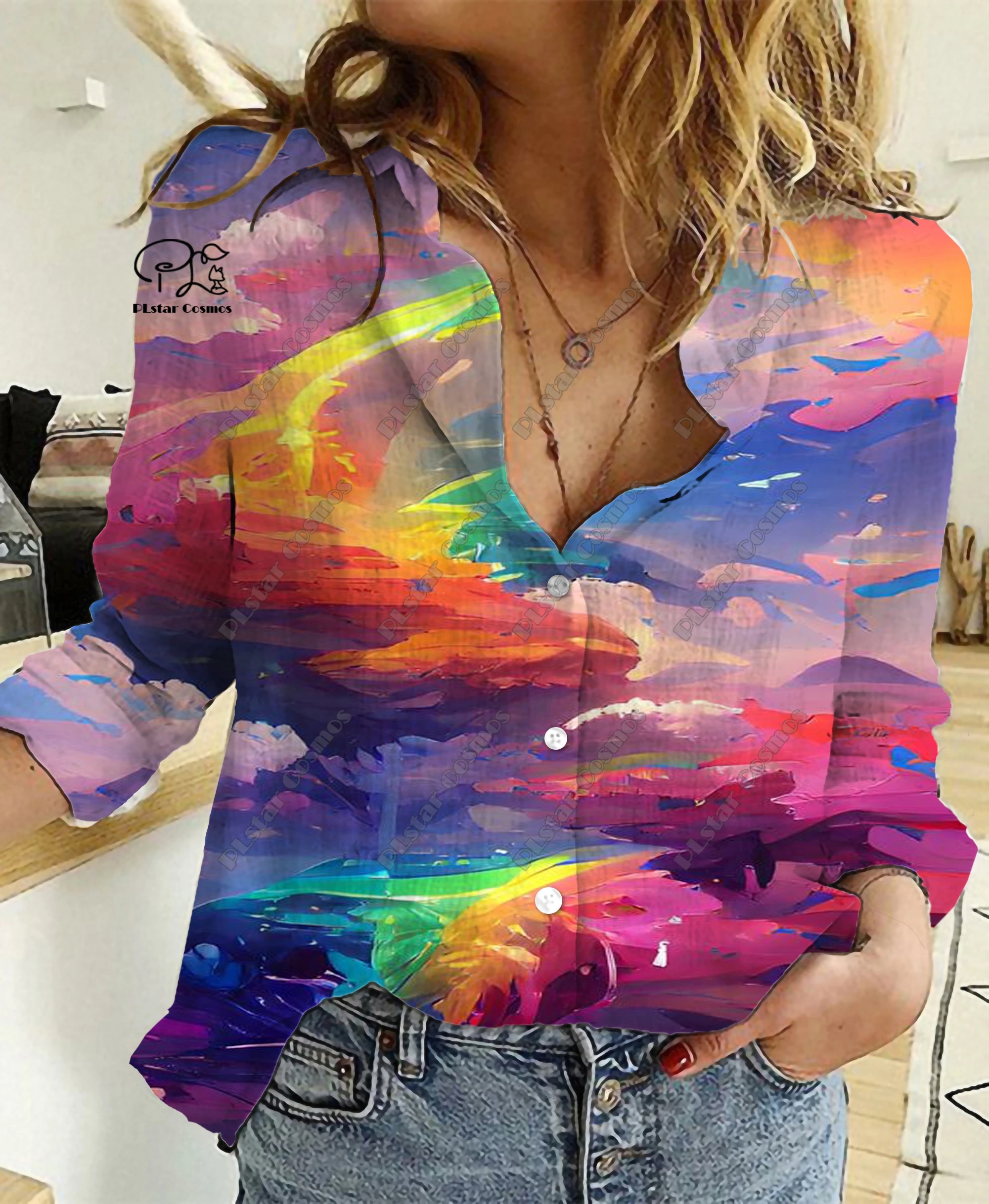 PLstar Cosmos 3D Printing Authentic Colorful Cloud Landscape Pattern Latest Ladies Casual Shirt Casual Unique Series
