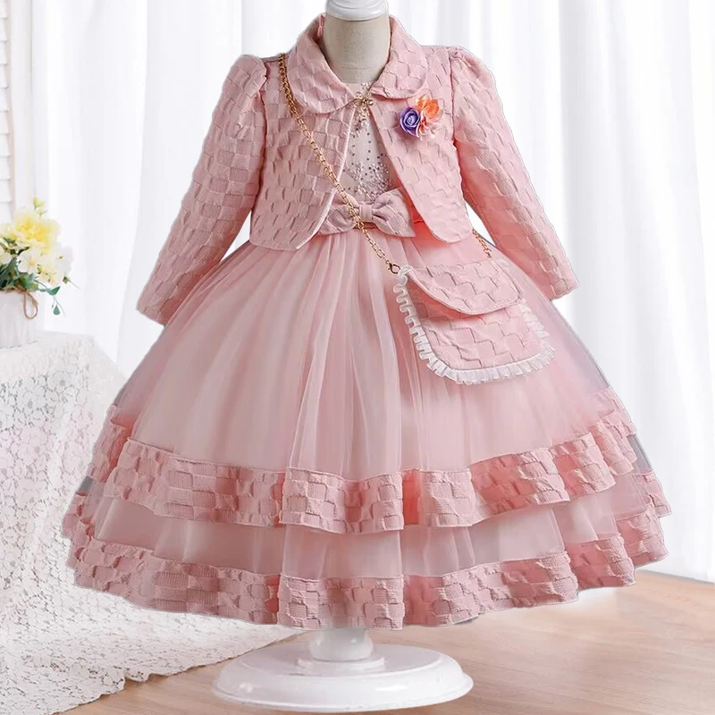 2024 New Baby Dress Long sleeved Birthday Party Elegant Evening Dress Performance Fluffy Girl Princess Dress