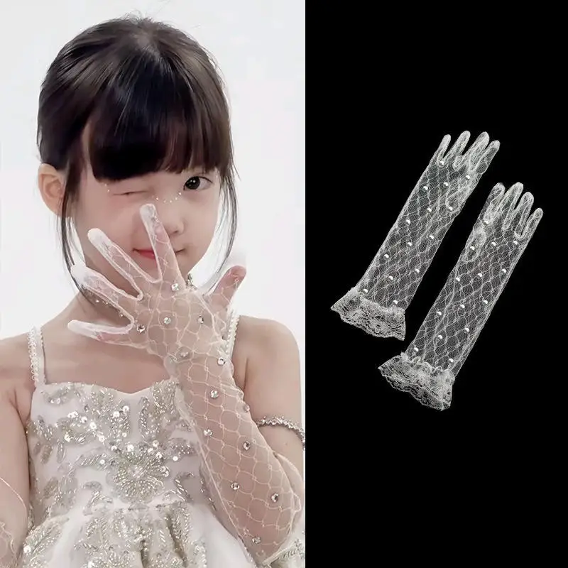 Guantes de novia para boda para adultos y guantes de vestir para niños malla diamante blanco lindo fino corto elegante mitones fiesta princesa guantes