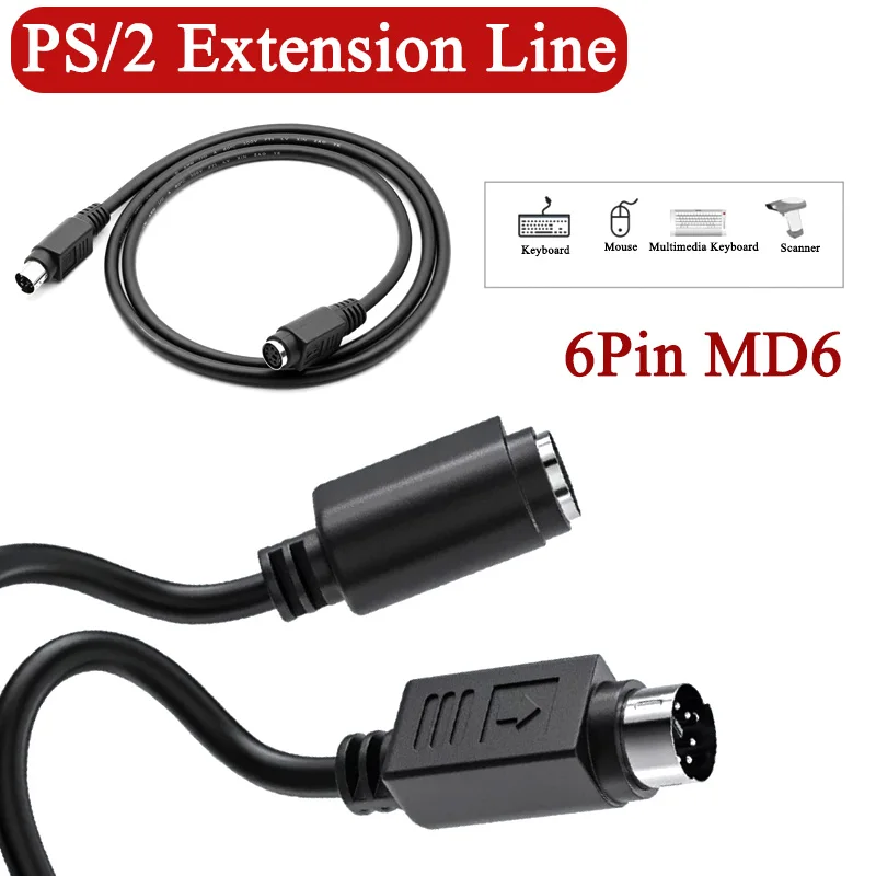 6Pin PS2 Pure Copper PS/2 Extension Cord Mouse Keyboard Extension Cable Head Round Male to Male to Female MD6 Pin Extender 2m
