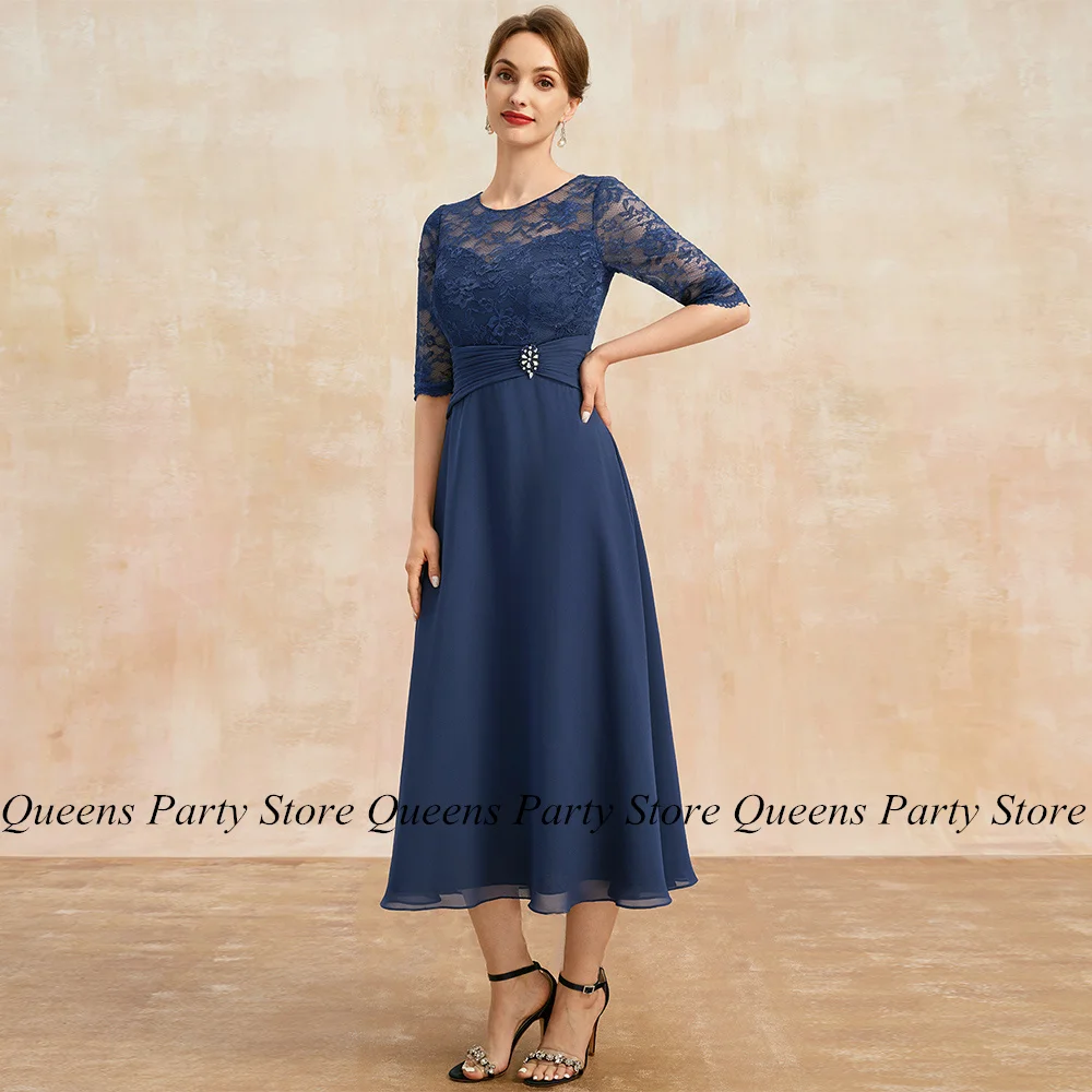 

Short Mother of The Bride Dress Half Sleeve Round Neck Top Lace Chiffon A Line Tea Length Wedding Guest Gown Groom's Mom Dresses