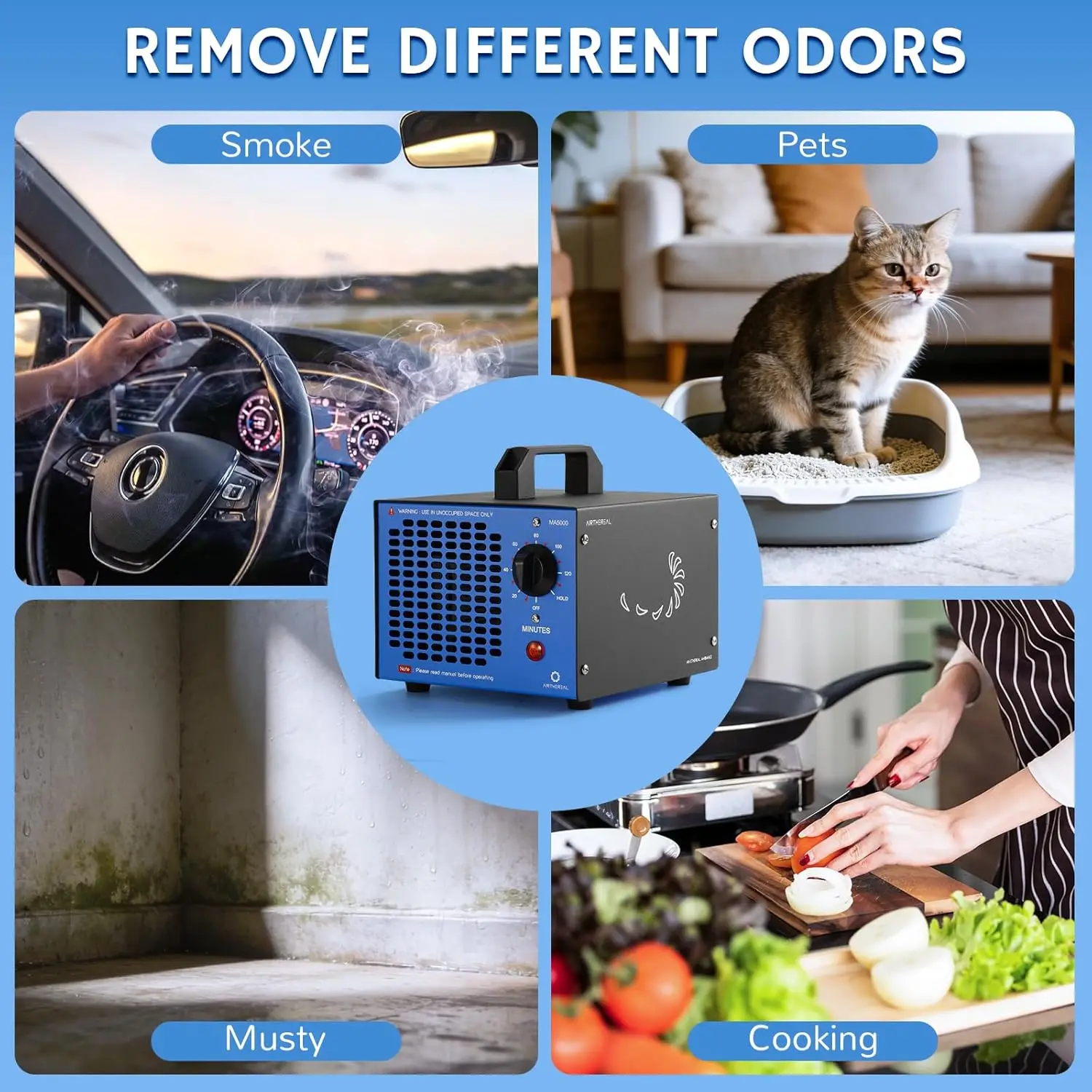 مولد أوزون تجاري، آلة إزالة الرائحة عالية السعة للمنزل والسيارات والحيوانات الأليفة حتى 2000 قدم مربع.