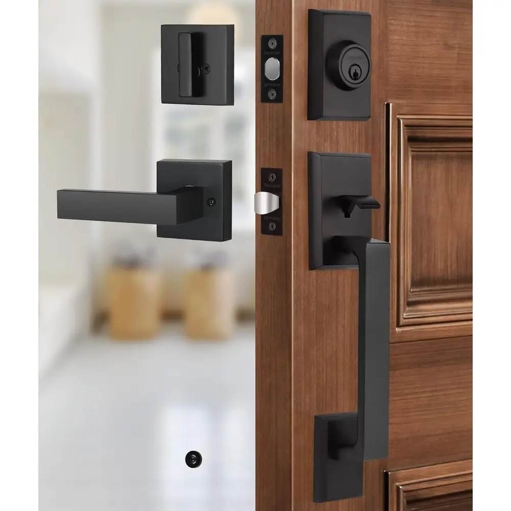 

Front Door Handle Set with Deadbolt, Exterior Door Lock Set with Reversible Door Lever, Matte Black