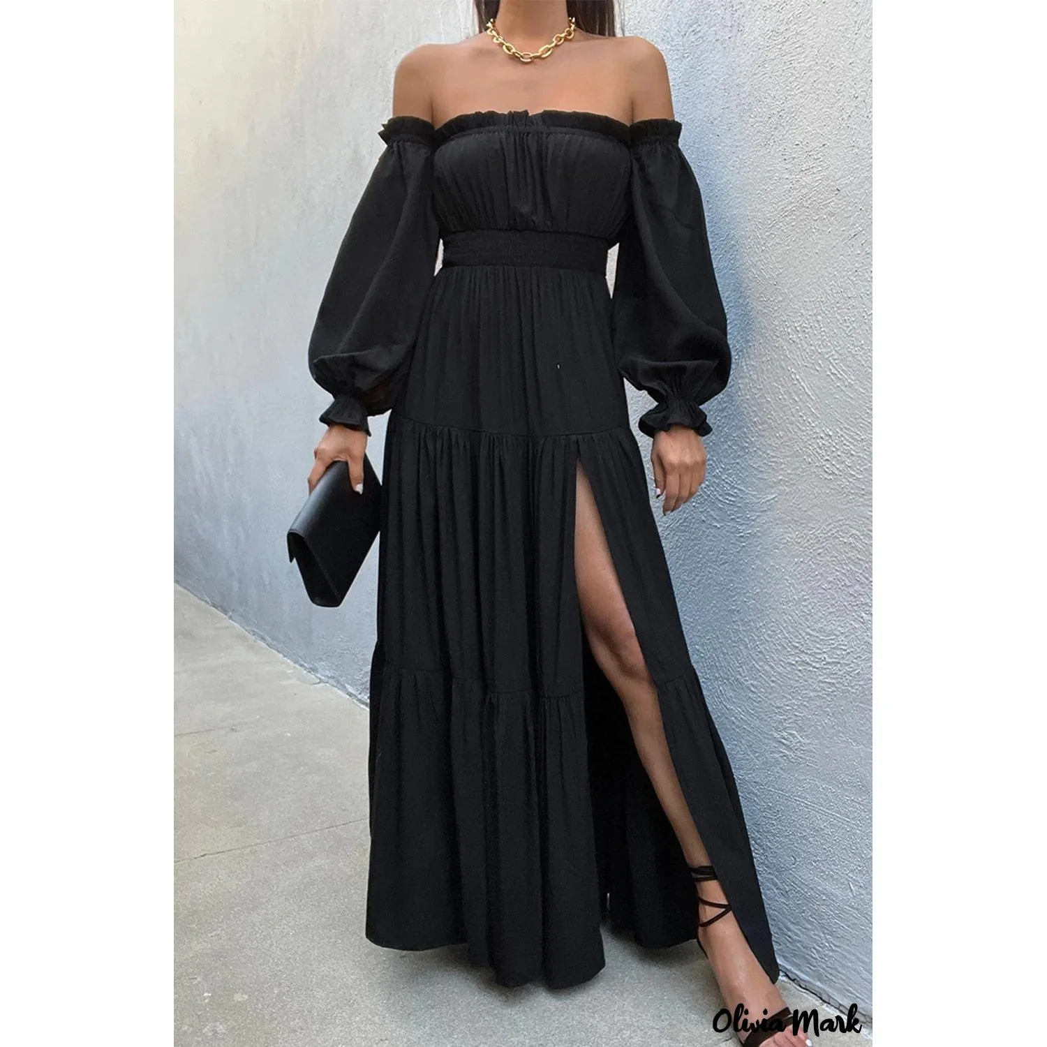 Women Bare Shoulder Ruffles Long Dress Summer Slash-neck Long-sleeved High-slit  Party Dress Female Casual Evening Maxi Dresses