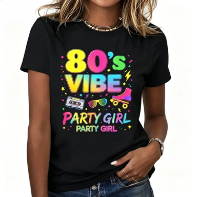 Vintage 80s Theme Women Cotton T‑Shirt Retro Girl Graphic Print O‑Neck Short Sleeve 1980s Party Costume Casual Ladies Tee