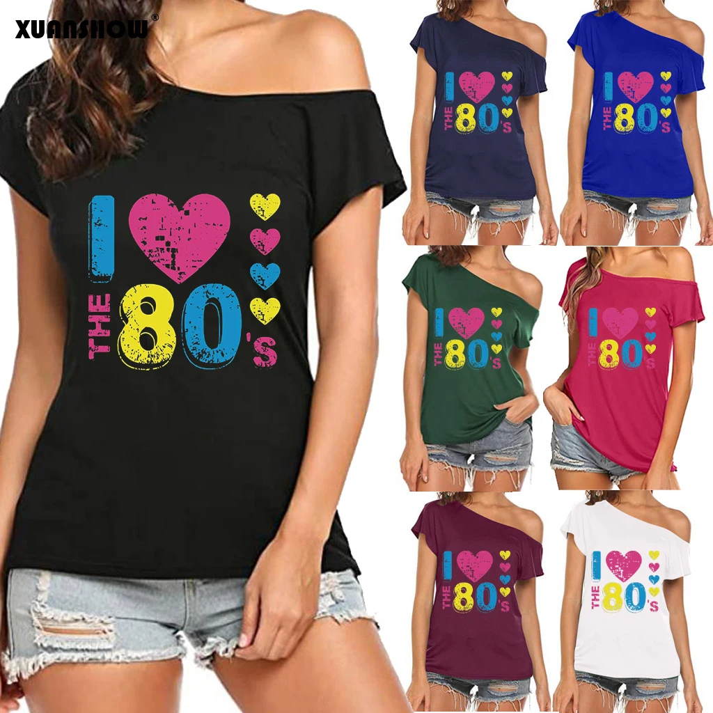 XUANSHOW 2024 Fashion Summer Women's t shirt Sexy Off Shoulder Short Sleeve 80's Feeling Letters Printed Tops Tees Women Clothes