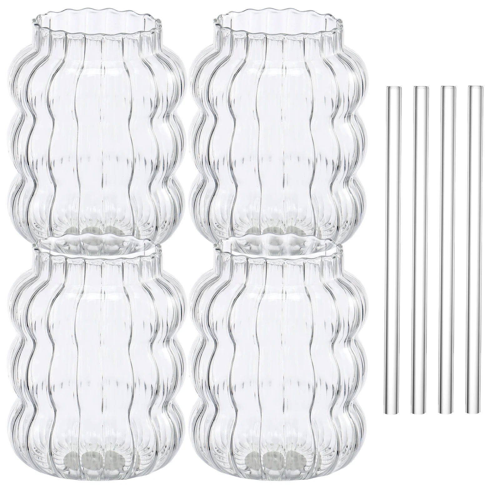 8Pcs 650ml Ribbed Glass Cups Set Wavy Drinking Glasses Clear Glassware Drinking Glasses Straws for Coffee Cocktail Juice Soda