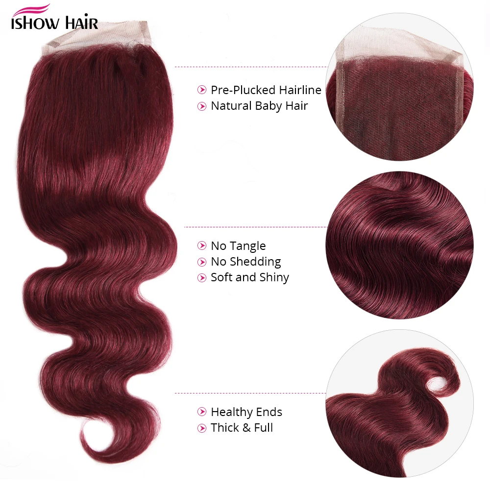 99J بورجوندي الجسم موجة حزم مع 4x4 الدانتيل إغلاق حزم الشعر البشري مع إغلاق 5x5 Lcae إغلاق ريمي شعر مستعار بشري #3