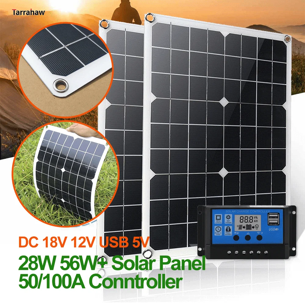 

28W-56W Solar Panel 50A/100A Controller 18V DC 5V USB Output Photovoltaic Plate Outdoor Power Bank PV Cells Energy Storage Kit