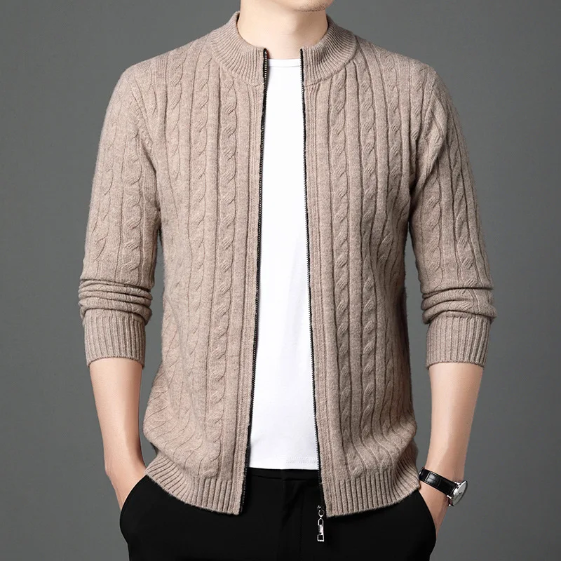 

Мужской утолщенный вязаный кардиган на молнии из % шерсти с воротником-стойкой, новый осенне-зимний модный повседневный мужской свитер