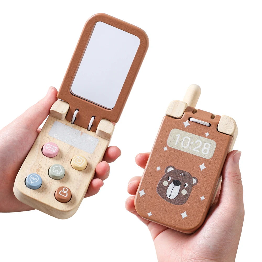 Bear Flip Phone Toys Baby Safety Mirror Screen Press Buttons Wooden Toys for Baby Role Play Fine Motor Skills Wooden Rattle Gift