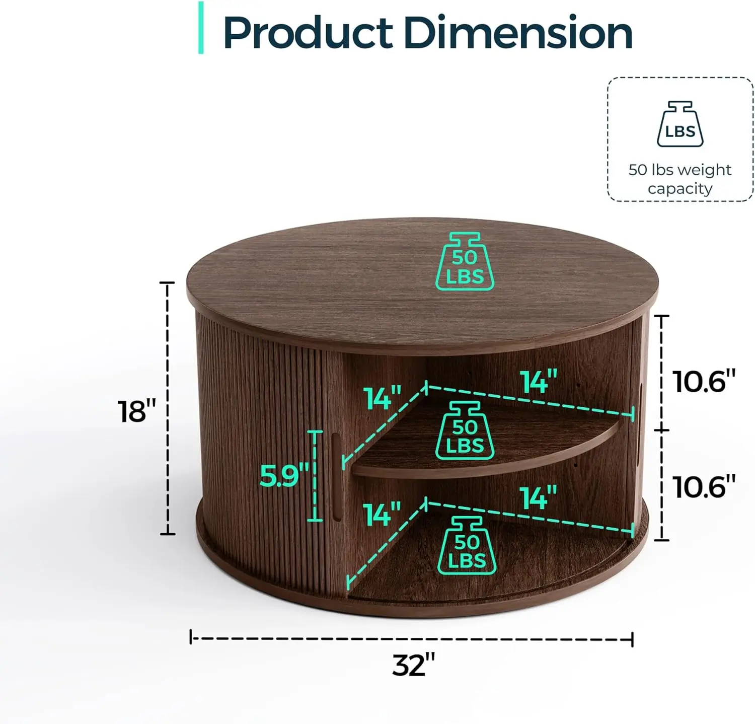 31.5" Drum Coffee Table with Sliding Tambour Door, Fluted Accent Center Table with Storage, Mid Century Modern Coffee Table
