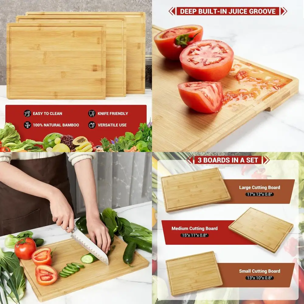 

Triple Wooden Cutting Board Set with Holder, Juicing Groove, and Handles for Preparing Meat, Veg, and Fruit