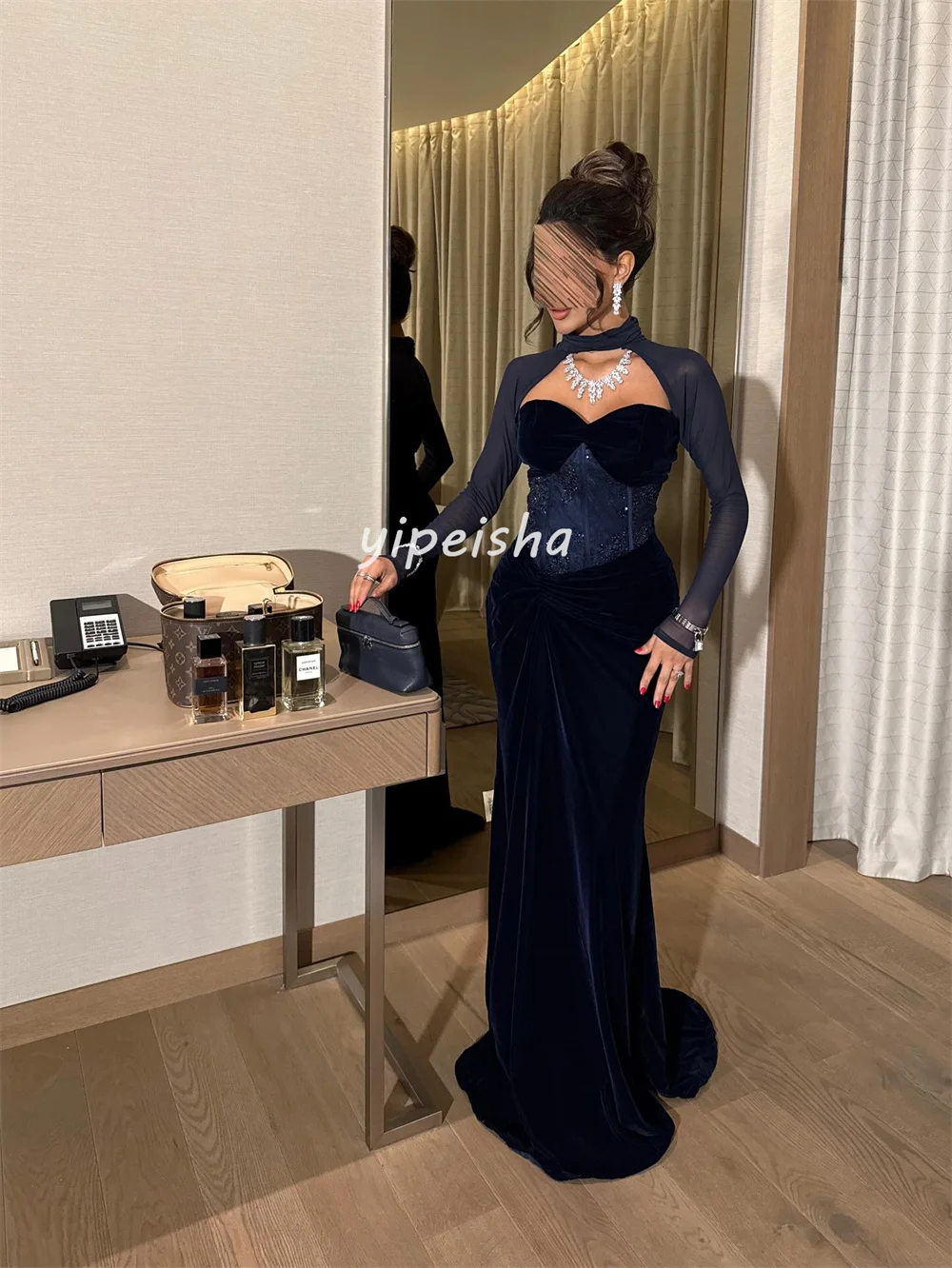 맞춤형 섹시 패션 벨루어 비딩 스팽글 인어 스퀘어 넥 롱 드레스 맞춤형 행사 드레스 다양한 사이즈 제공 레트로