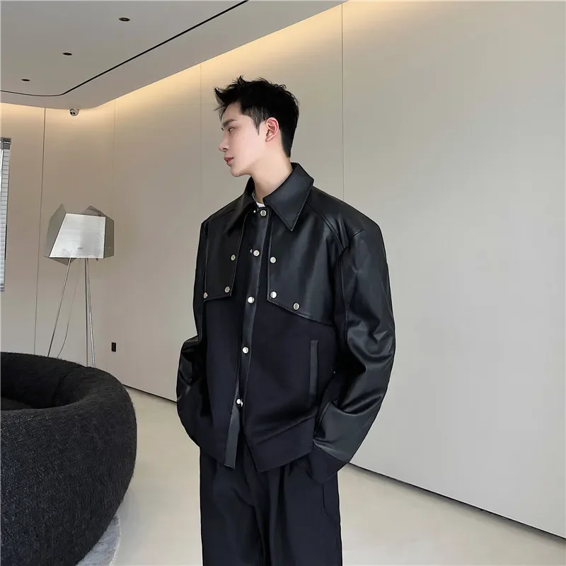 Trend Fashion Short Coat Black Personalized Design Starry Sky Cloth Impact Leather Jacket  Lapel Single Breasted