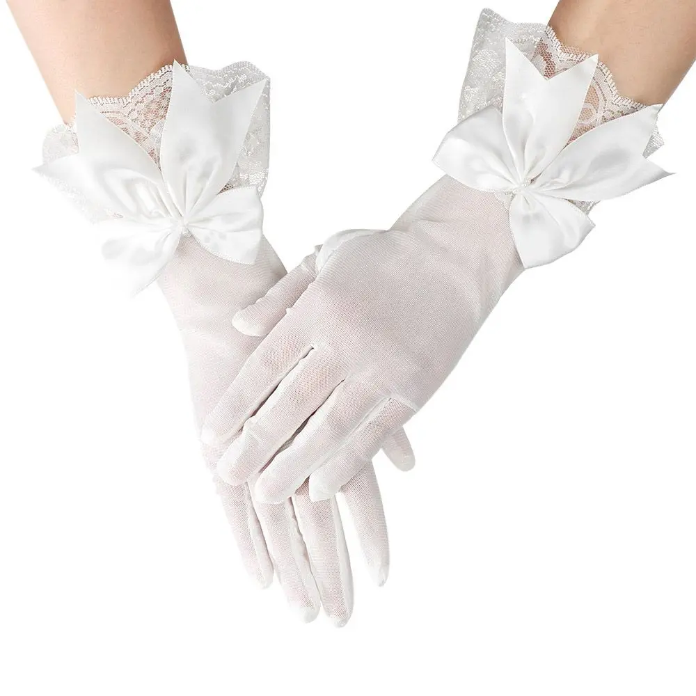 Guantes Blancos de satén para novia, accesorios de encaje con lazo, para vestido de novia