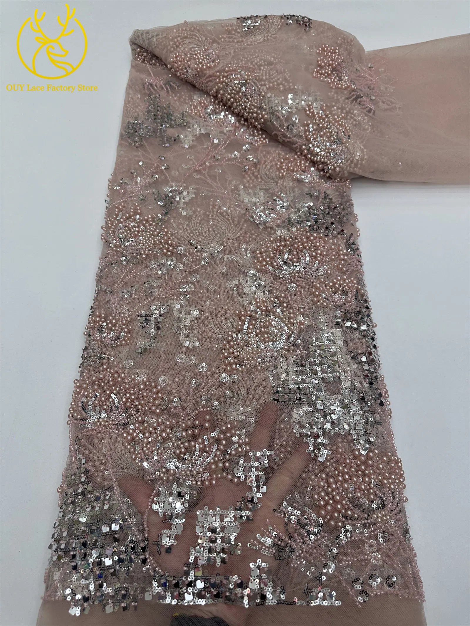 Goldener afrikanischer Spitzenstoff, französischer Mesh-Spitzenstoff mit Pailletten und Perlen für Party- und Abendkleider, zum Nähen von afrikanischen Spitzenstoffen für Damen – Detail 10