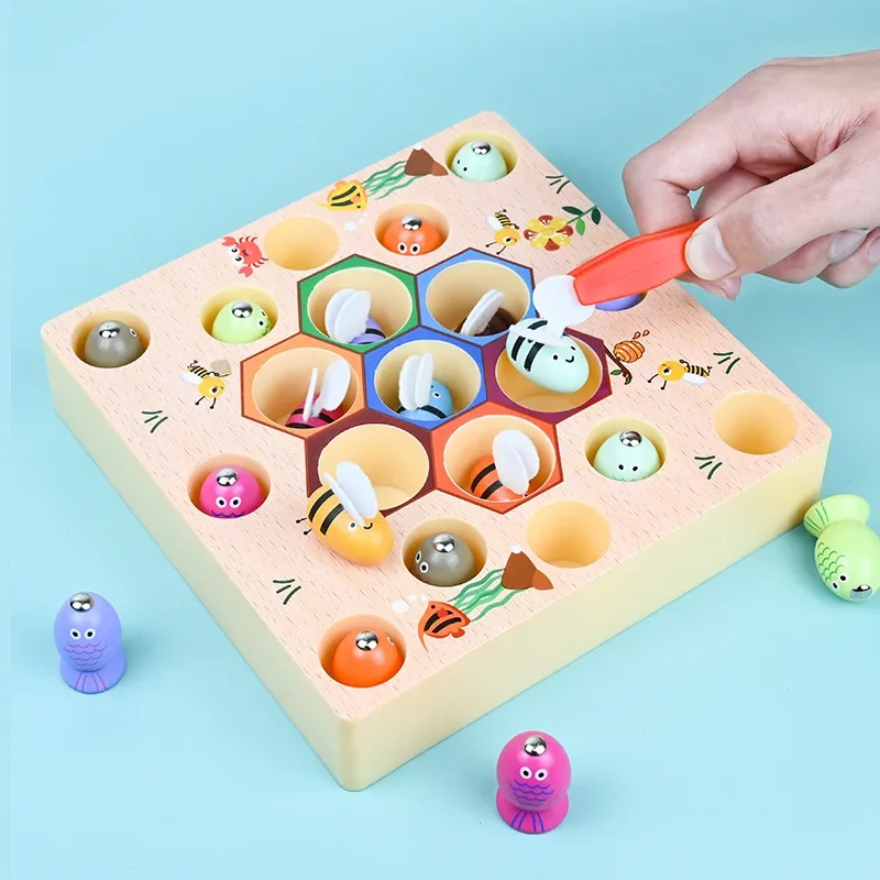 Pädagogisches magnetisches Angelspiel, 2-in-1-Spiel und Clip-Perlen, Farberkennung, Holzspielzeug für frühes Lernen von Kindern