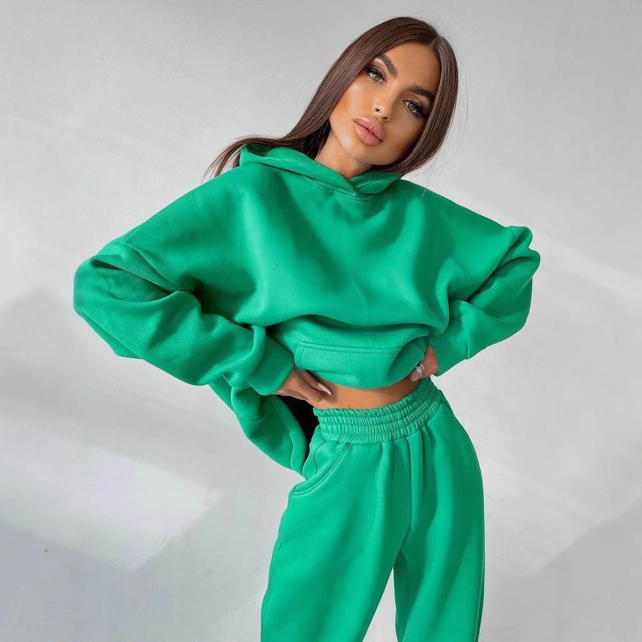 2025, neue Herbst Winter Mit Kapuze Tasche Lose Sweatshirt Set Frauen Multi Farbe Optionen Casual Sport Zwei Stück Outfit