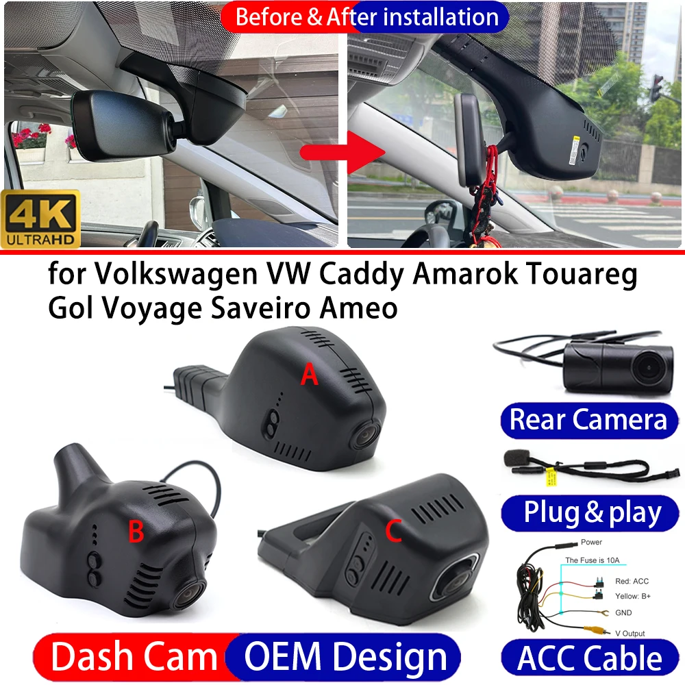 Cámara para Coche 4K Delantera y Trasera para Volkswagen VW Caddy Amarok Touareg Gol Voyage Saveiro Ameo, Grabadora de Conducción DVR, Cámara de Salpicadero