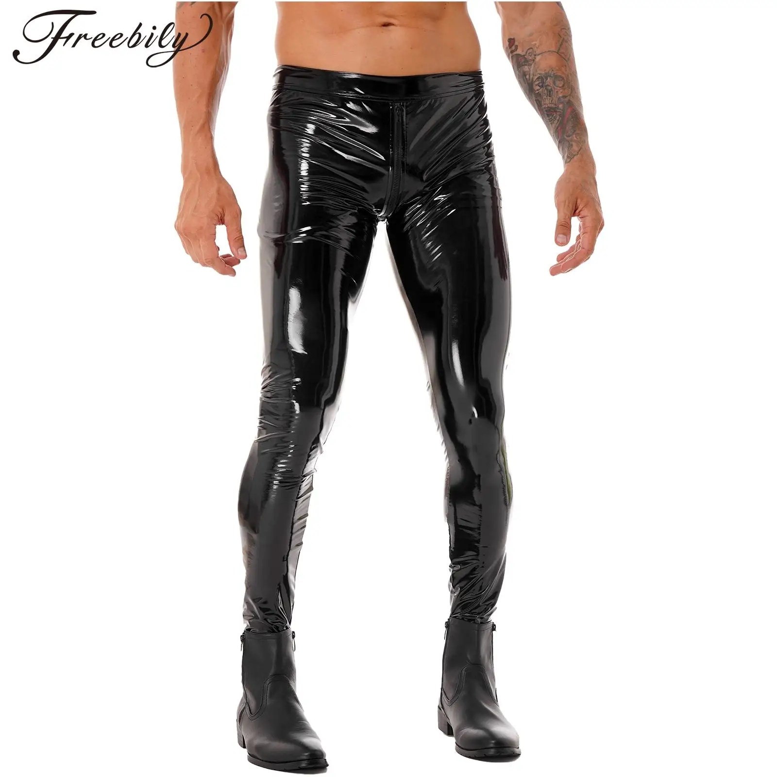 

Mens Patent Leather Pants Glossy PU Leather Trousers Skinny Sexy Tights Pants Wet Look Zipper Crotch Pants Rave Party Clubwear