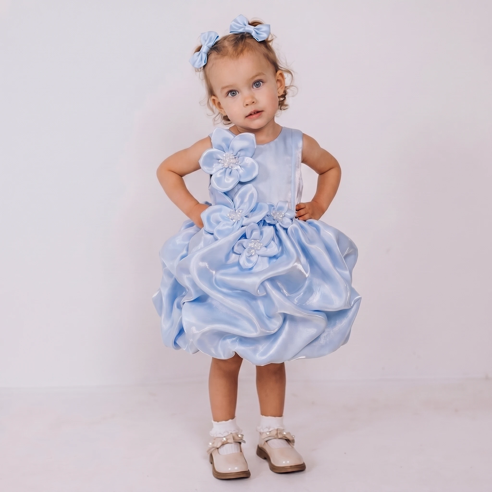 Cute Toddler Pageant Dress Sky Blue Organza Short Flower Girl Dresses Floral Luxury Short Princess Party Pageant Dress for Kids
