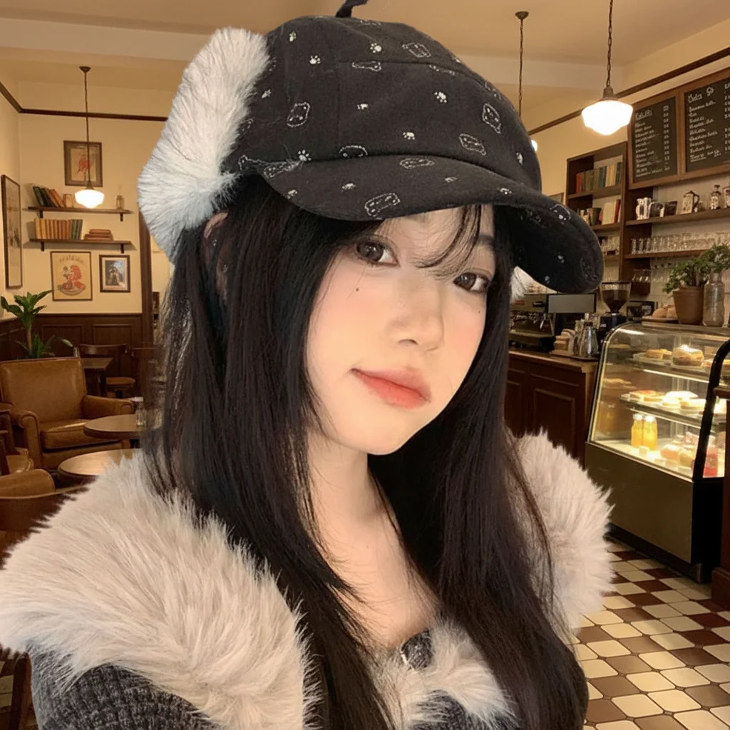 الدافئة أفخم قبعة بيسبول الكورية نمط الدب الصوف البولكا نقطة لي فنغ قبعة الفتيات الملابس والاكسسوارات الحلو سدادات حماية الأذن تحلق قبعة #1