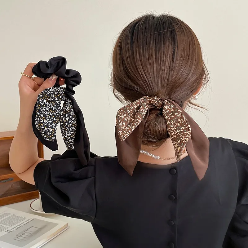 

New Korean Floral Bowknot Hair Ties for Women Girl Sweet Elastics with Ribbon Ponytail Scarf Hair Tie Hair Accessories Для Волос